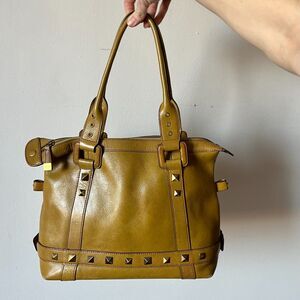 Olive Yellow Genuine Leather Studded Shoulder Bag Purse Y2K 2000s